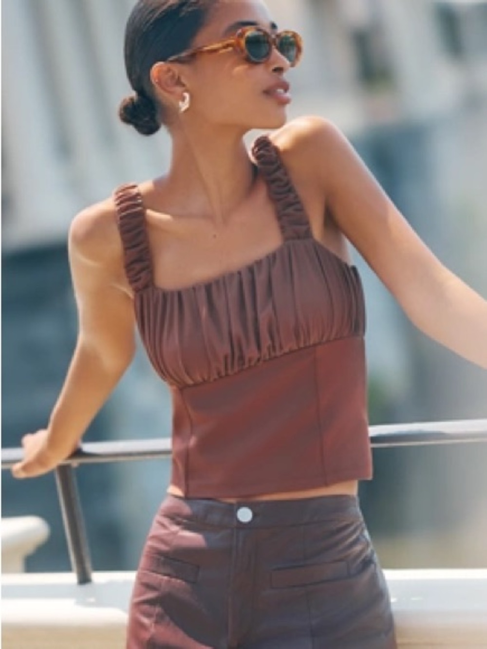 NWT Anthropologie Brown Shirred Bust Square Neck tank Top